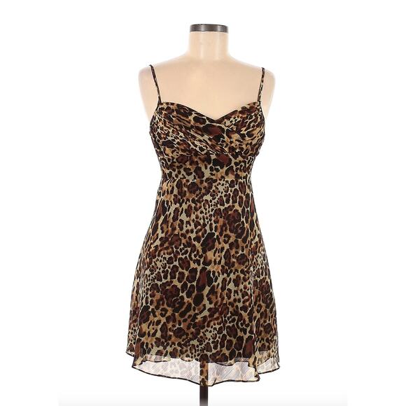 GUESS Brown Leopard Print Chiffon Smocked Sleeveless Mini Cocktail Dress 1 XS - Picture 1 of 9